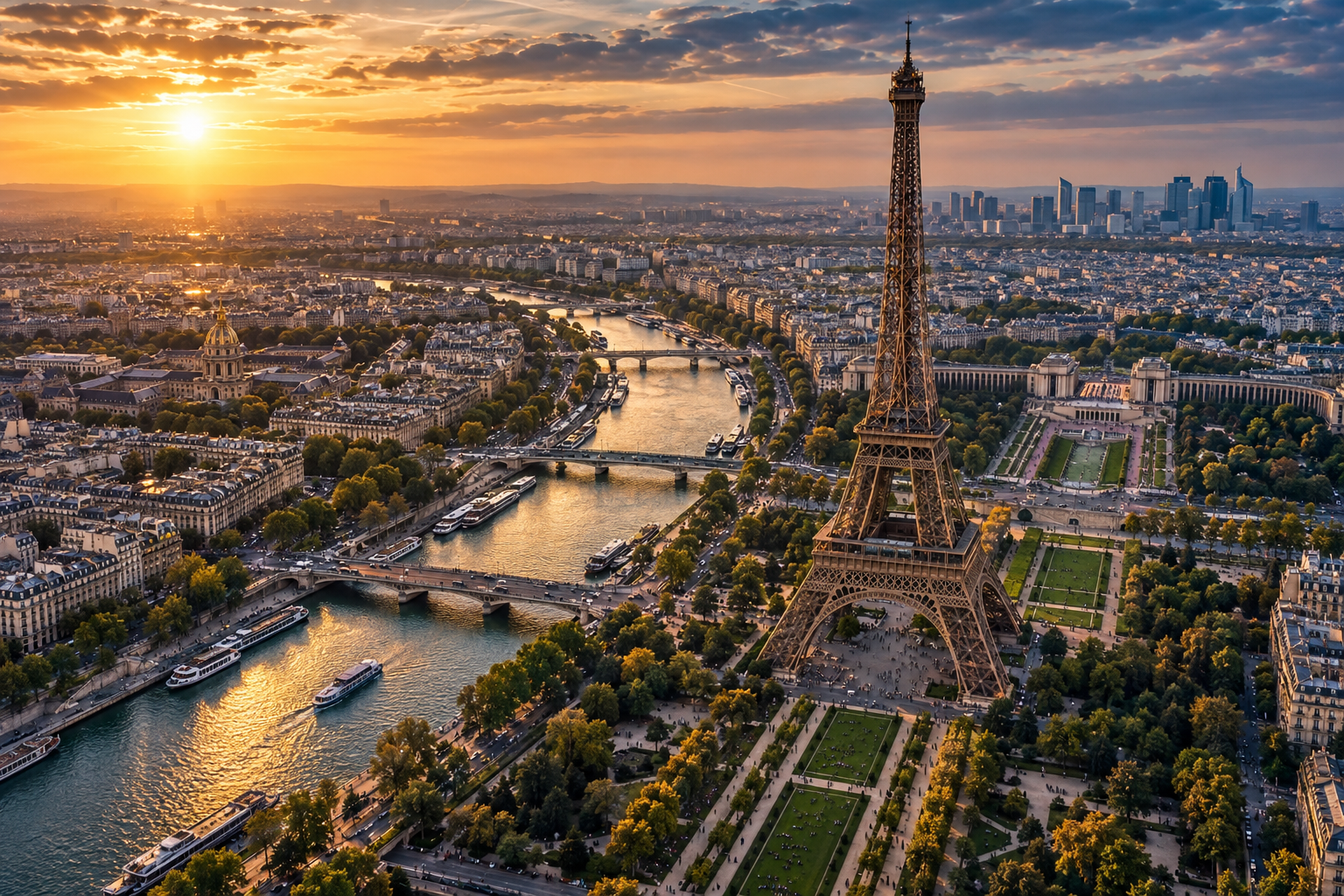 Paris seen from above at sunset, with the Eiffel Tower and the Seine